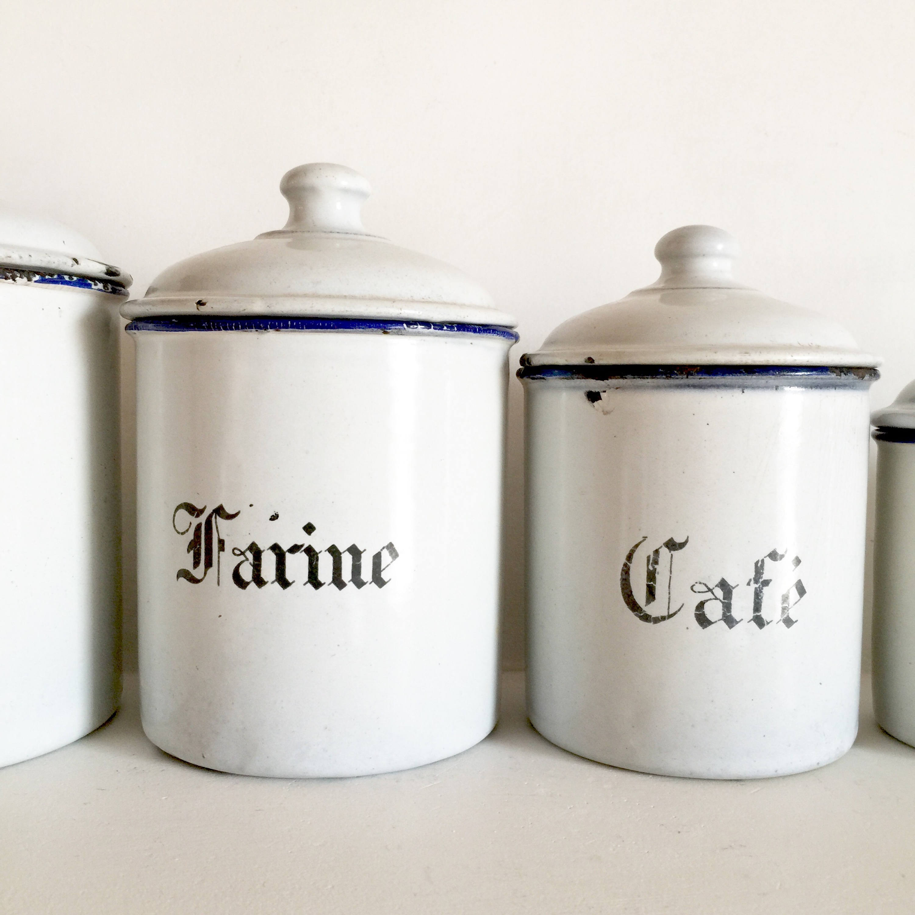 French Enamel Canister Set Set of 5 White Enamel Canisters