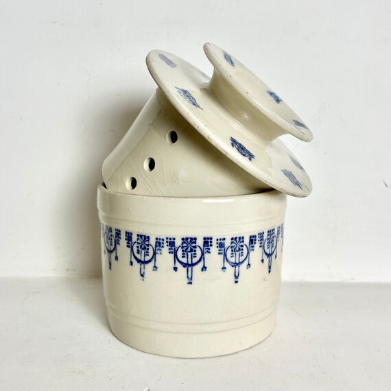 Rare Large French Antique Saint Uze Stoneware Butter Keeper - Large Butter Crock - Butter Cooler - Traditional Butter Storage
