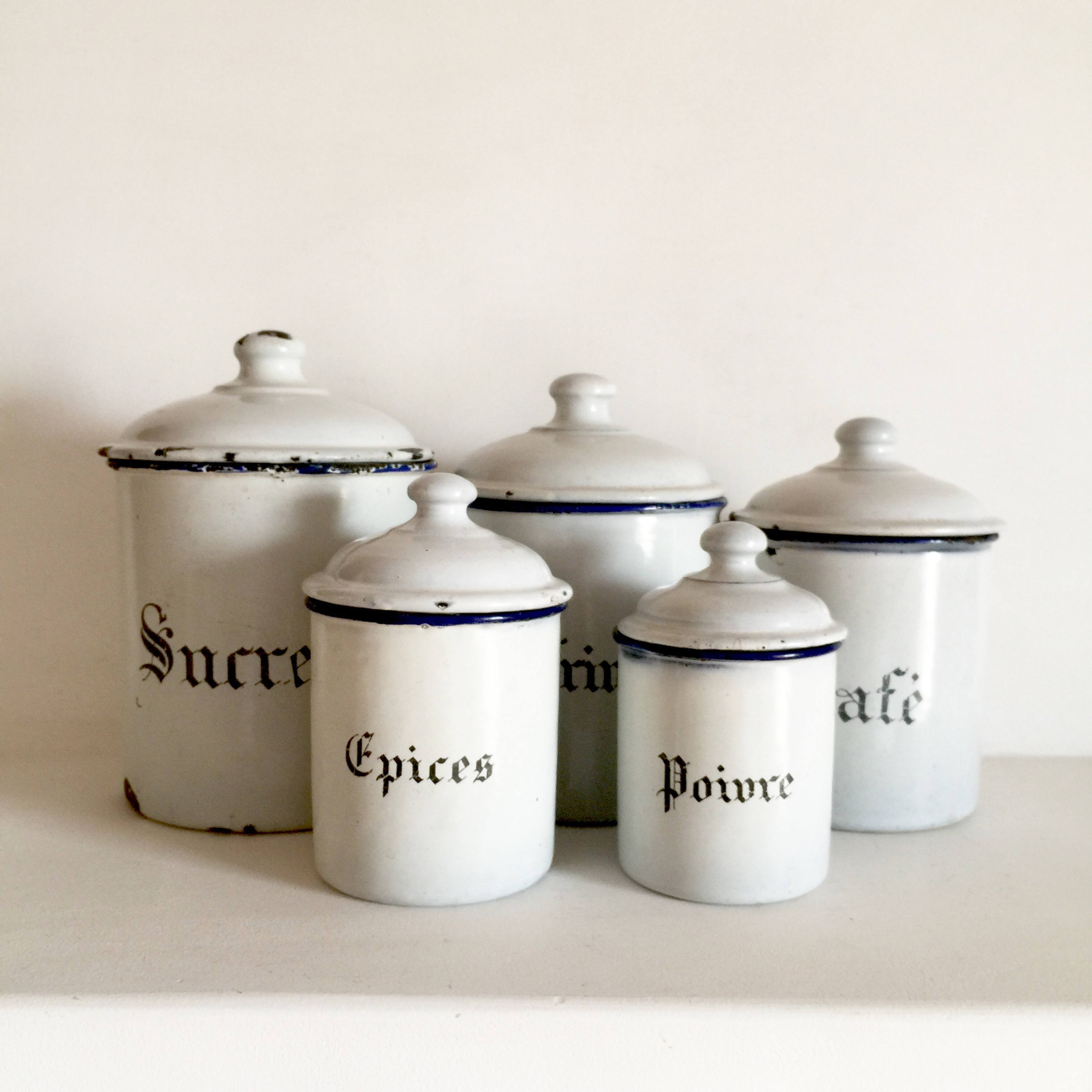French Enamel Canister Set Set of 5 White Enamel Canisters