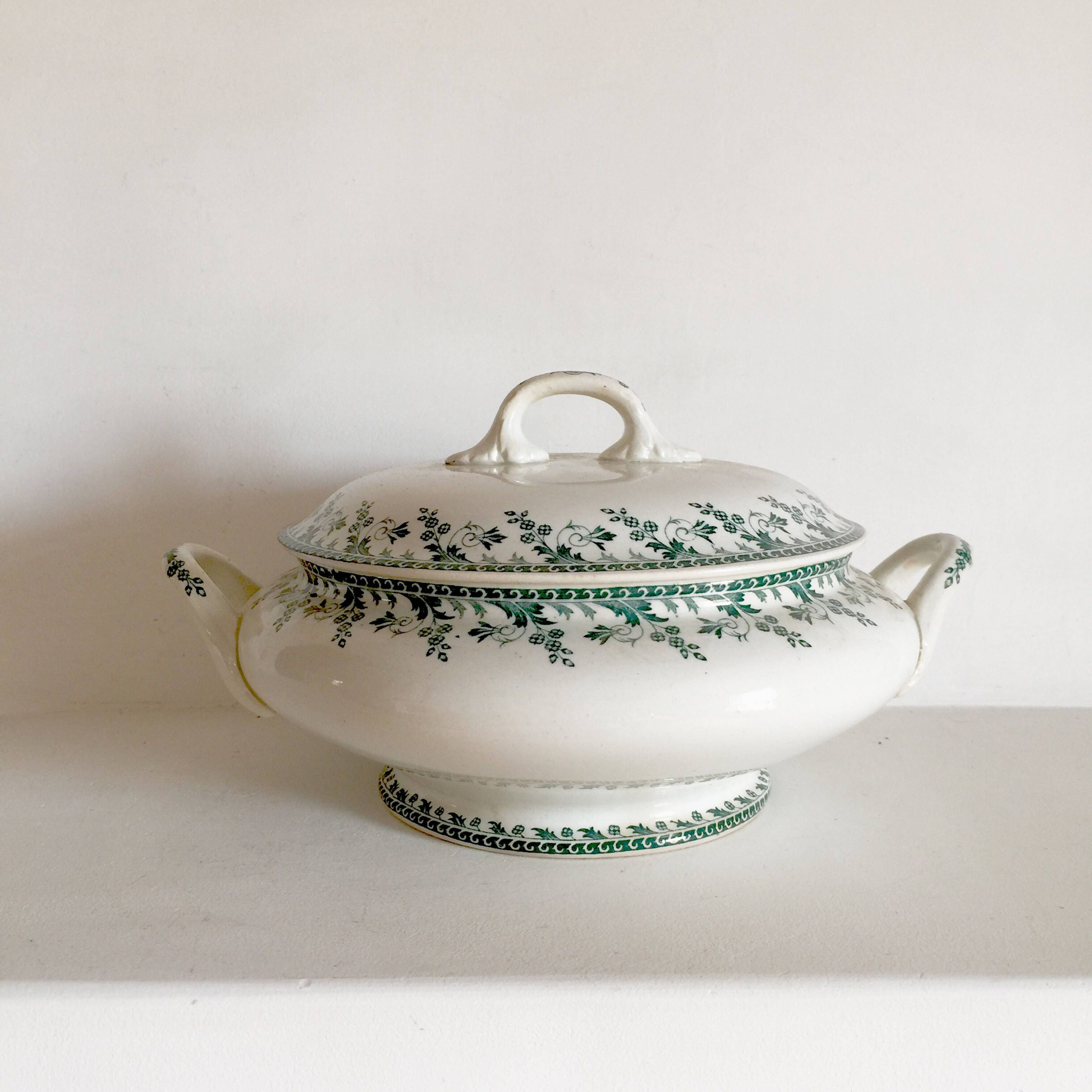 Beautiful French Antique Tureen Green Transferware Soupier Soup