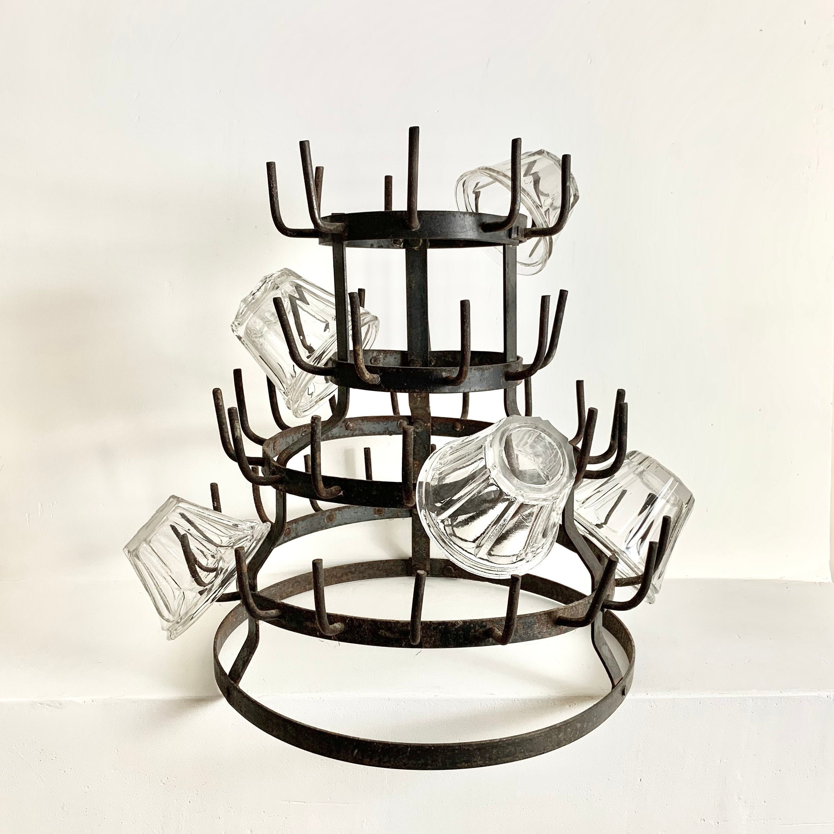 French Antique Iron Bottle Drying Rack Herrison Cup or Glass Rack