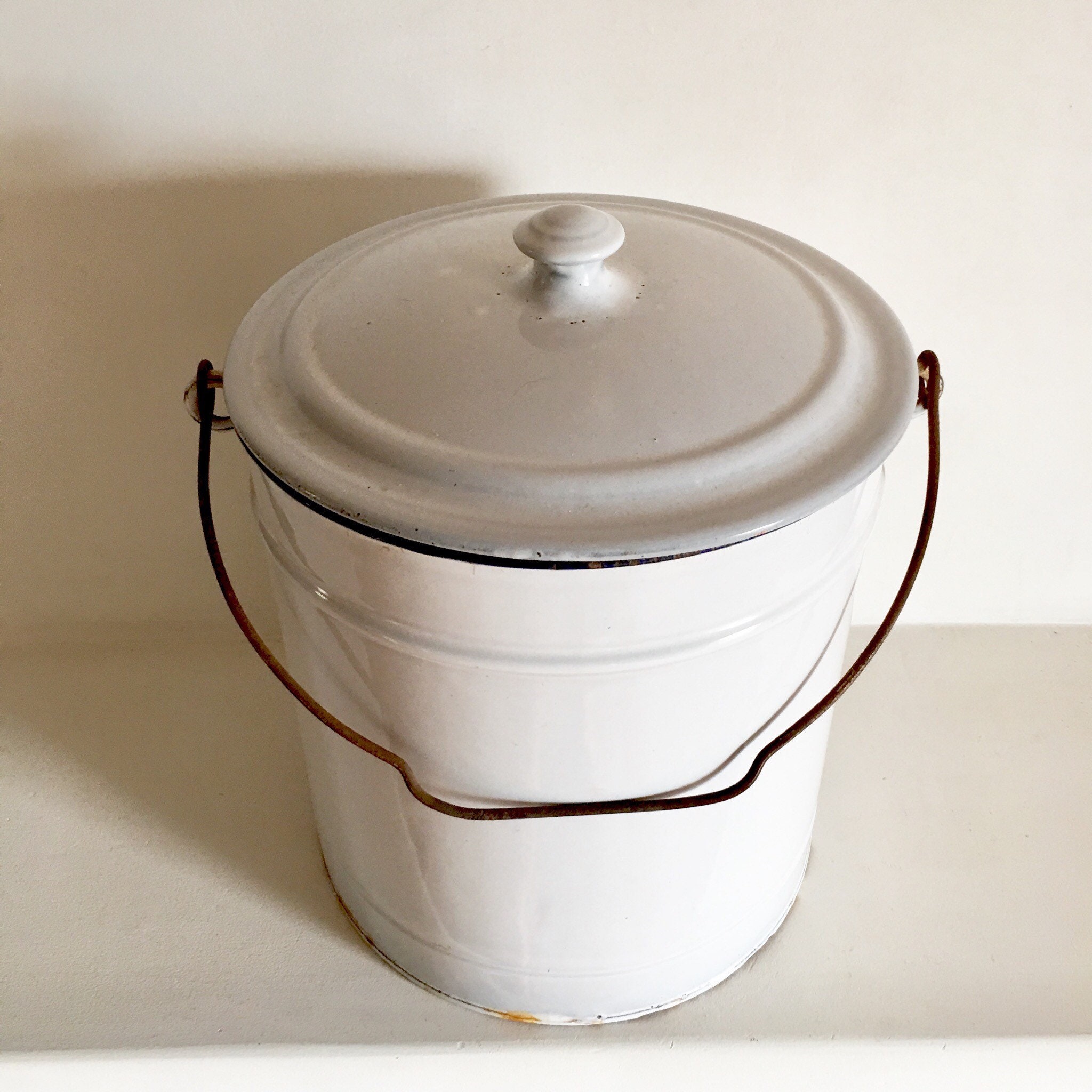 French Vintage Enamel Bucket with Lid White Enamelware Bucket