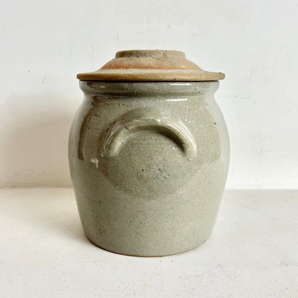 Small French Vintage Stoneware Crock with Lid -  French Stoneware Jar - French Olive Crock - Earthenware Crock - Kitchen Utensil