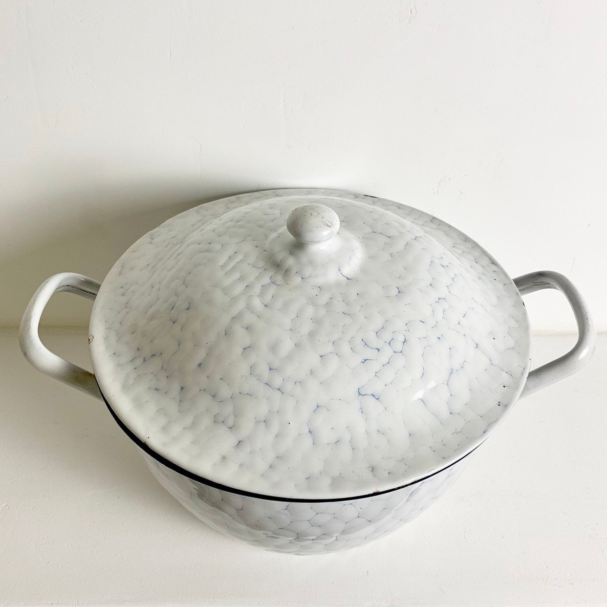 French Antique White Chicken Wire Enamel Tureen White Enamelware