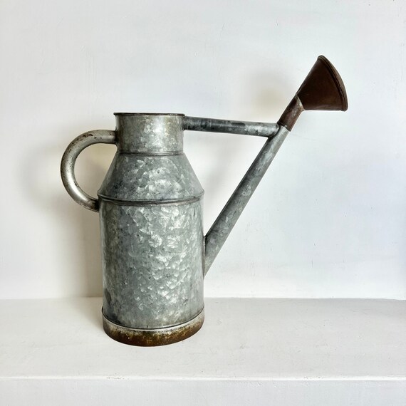 French Antique Zinc Watering Can - Medium Sized Galvanized Watering Can - 8L Can -  Rare Round Drum - French Country Garden Watering Can