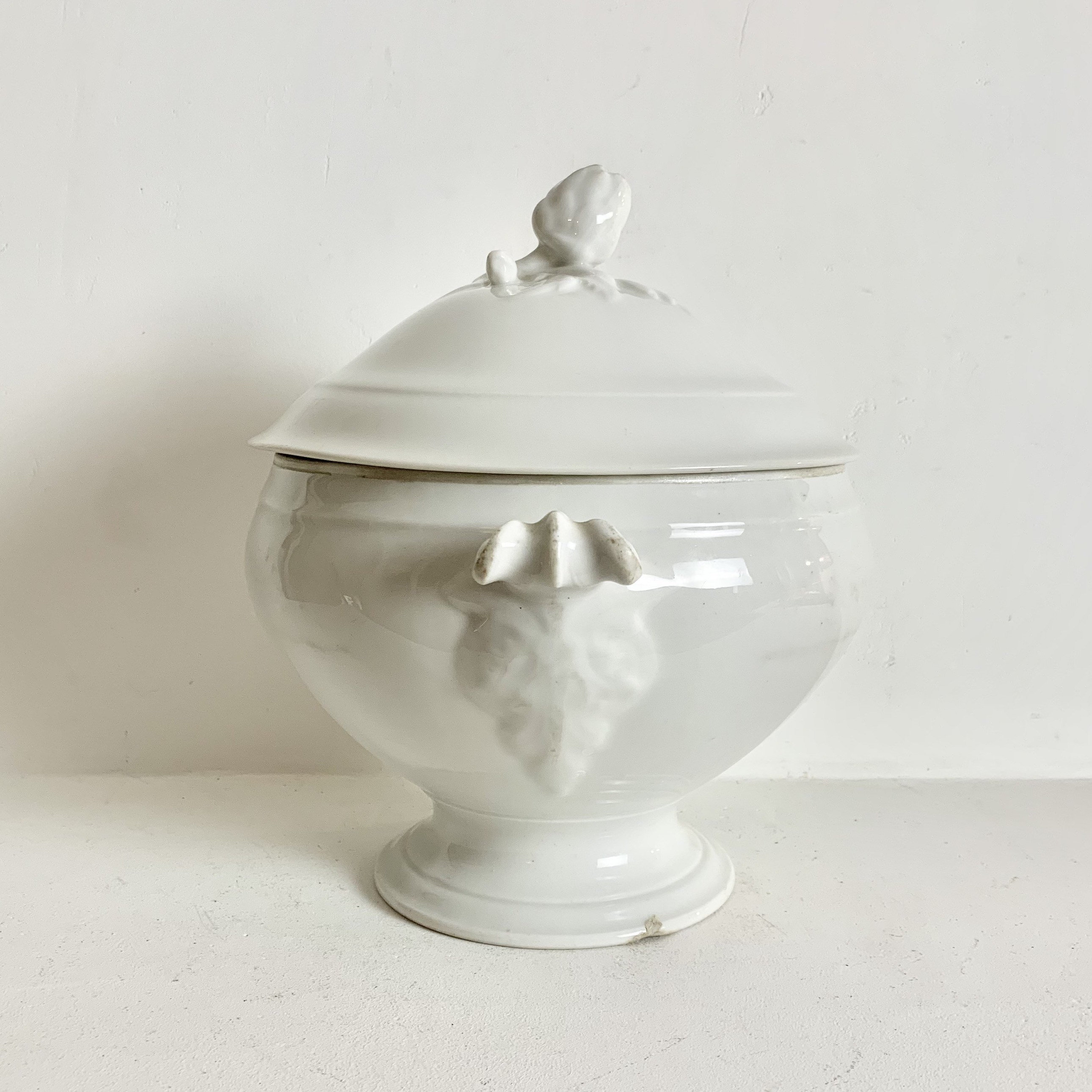 Rare Small French Antique White Ironstone Tureen Antique French Footed Bowl with Lid French