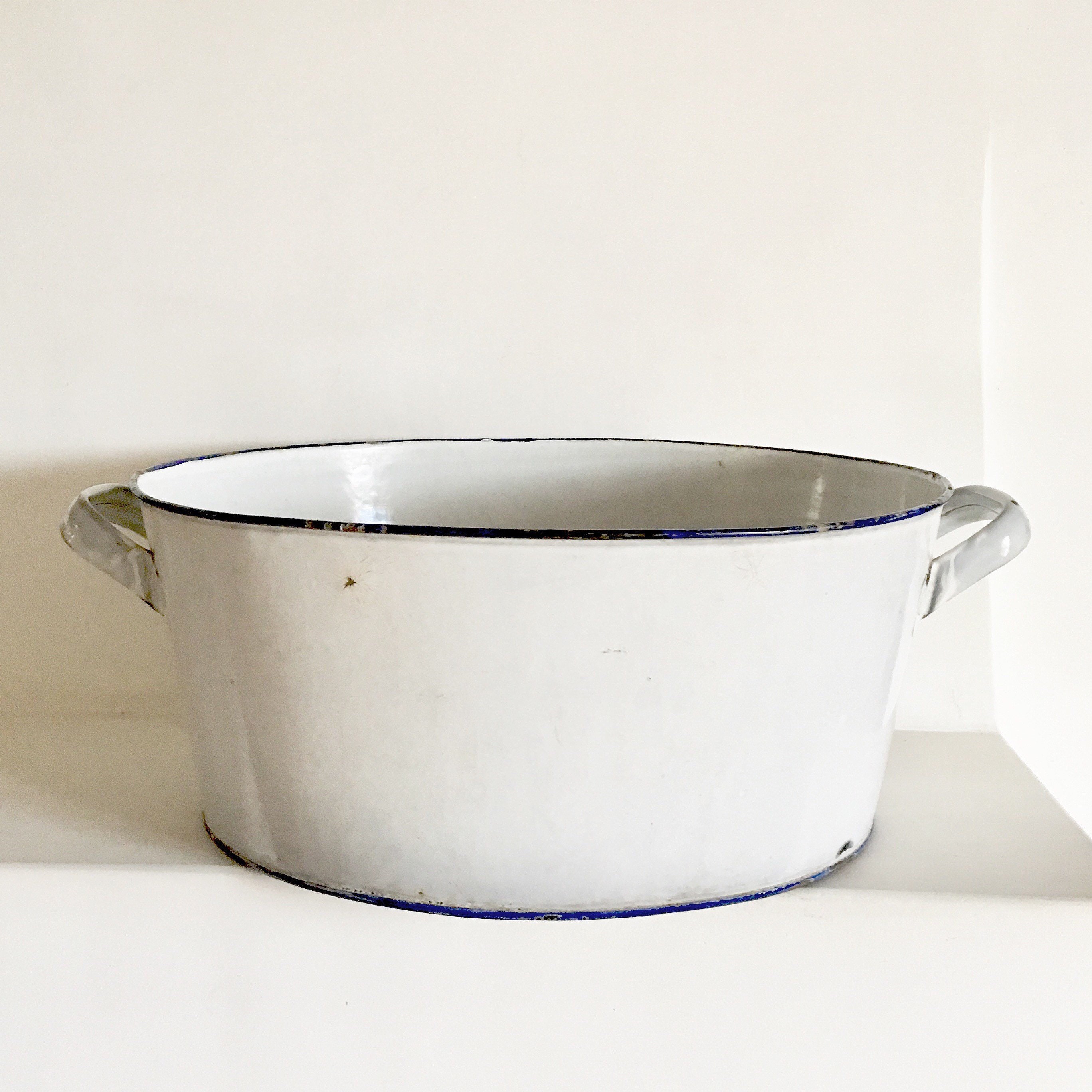 Rare French Antique White Enamelware Wash Basin Oval Laundry Tub