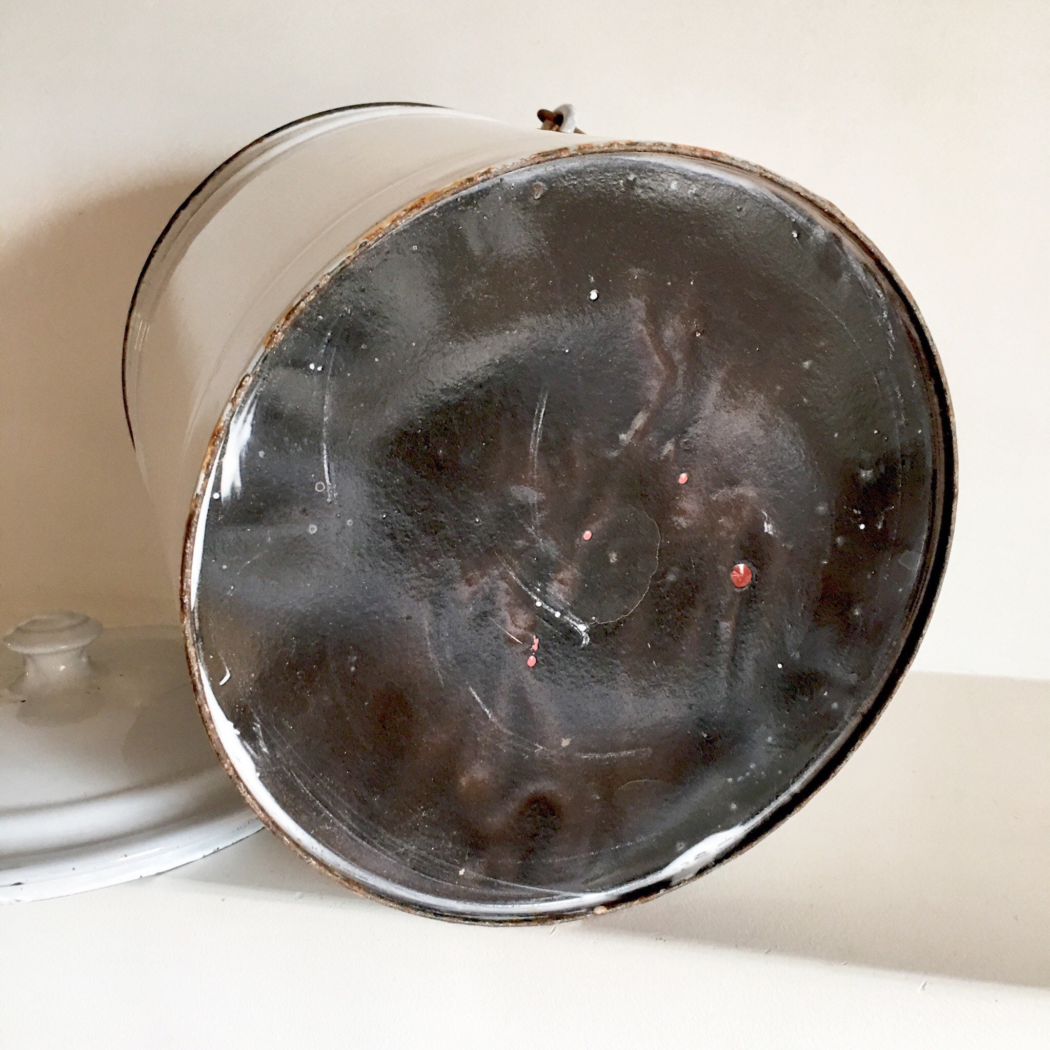 French Vintage Enamel Bucket with Lid White Enamelware Bucket