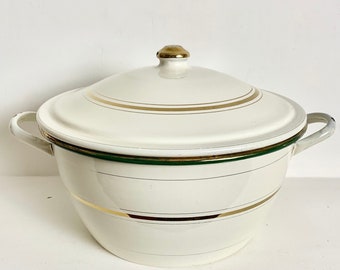 French Antique White and Gold Enamel Tureen - Enamelware Casserole -  Enamelware Tureen - Enamel Pot - Large Enamelware Tureen