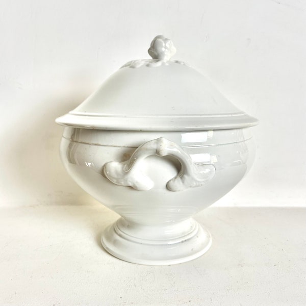 Gorgeous French Antique Creil et Montereau White Ironstone Tureen - Medium Antique French Footed Bowl with Lid - Shabby Chic Soup Tureen