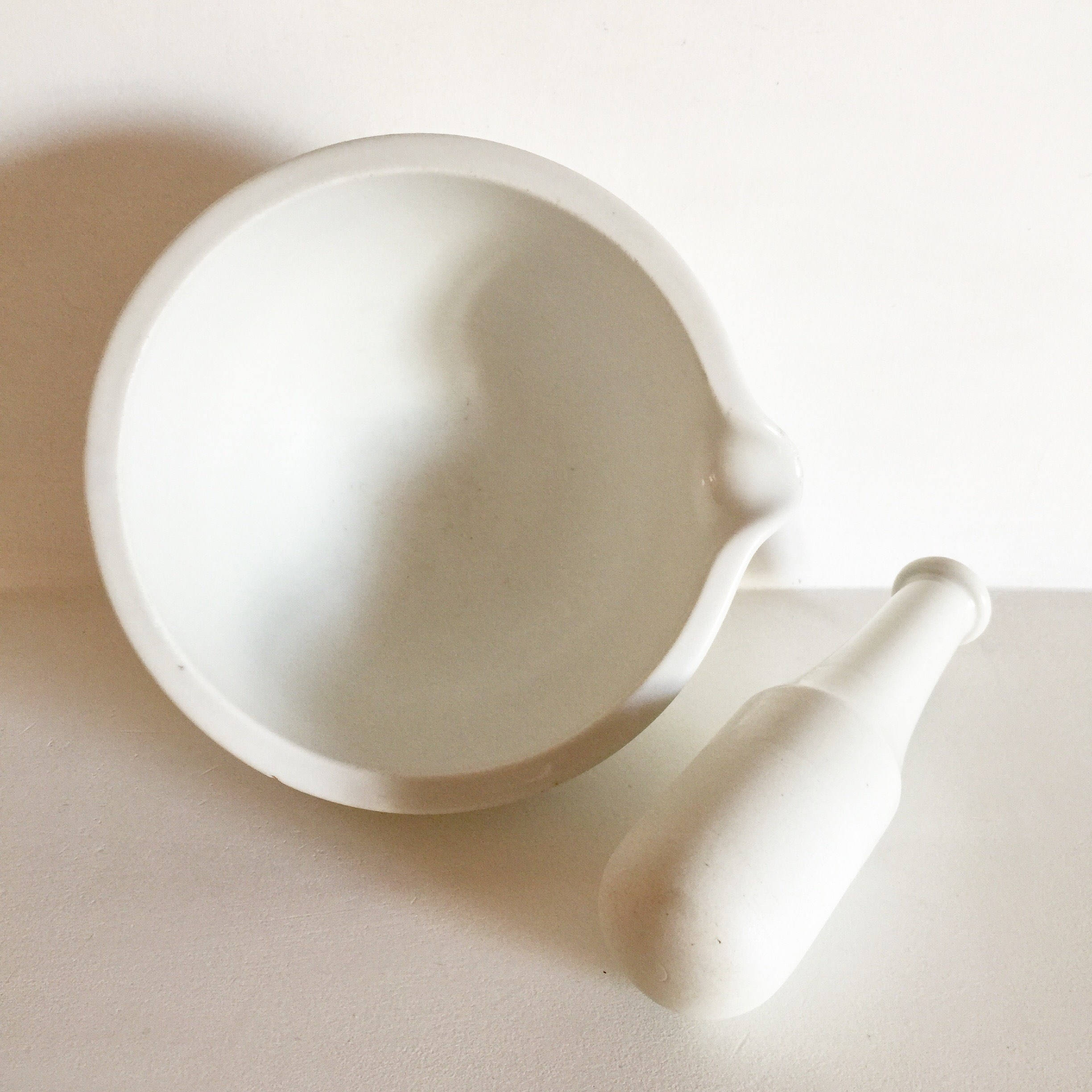 Large French Antique Porcelain Mortar and Pestle White Ceramic Mortar