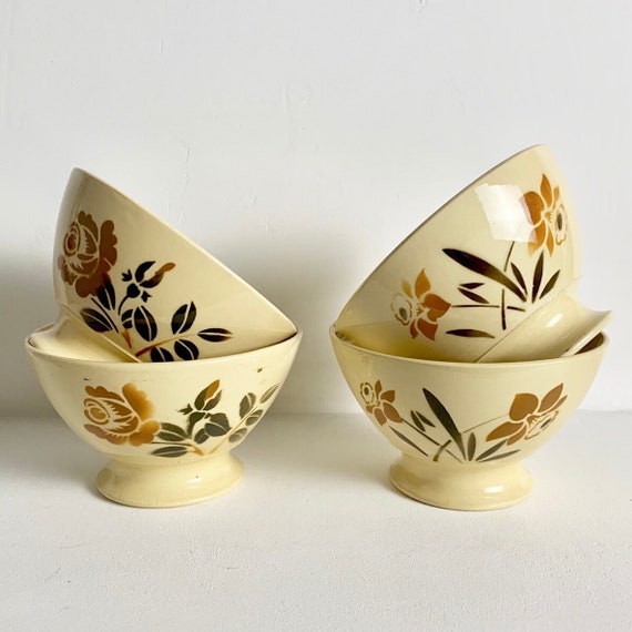 Pair of French Antique Coffee Bowls - Cafe au Lait Bowls - Badonviller France - Set of 2 Bowls - Roses and Daffodils - French Vintage