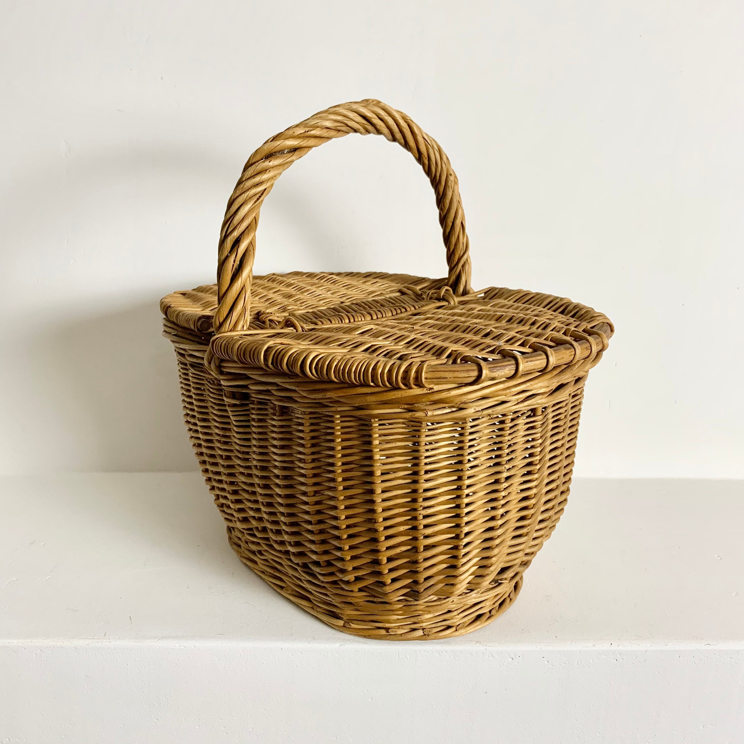 Rare Small French Antique Pic Nic Basket Handwoven French Wicker