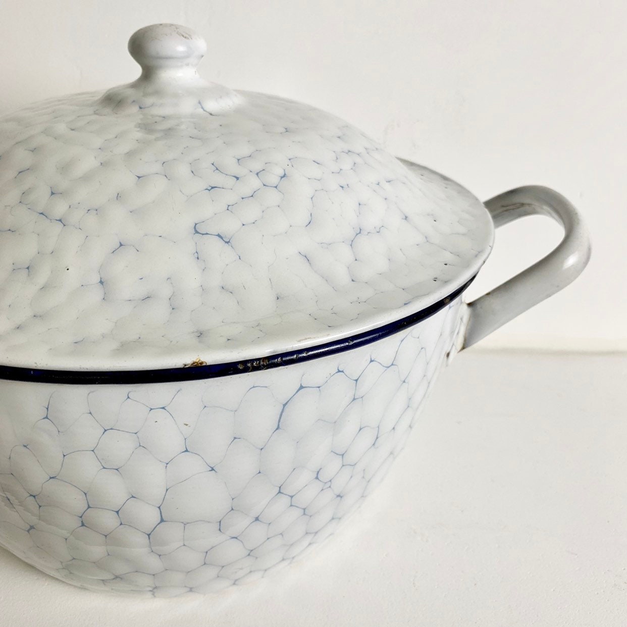 French Antique White Chicken Wire Enamel Tureen White Enamelware