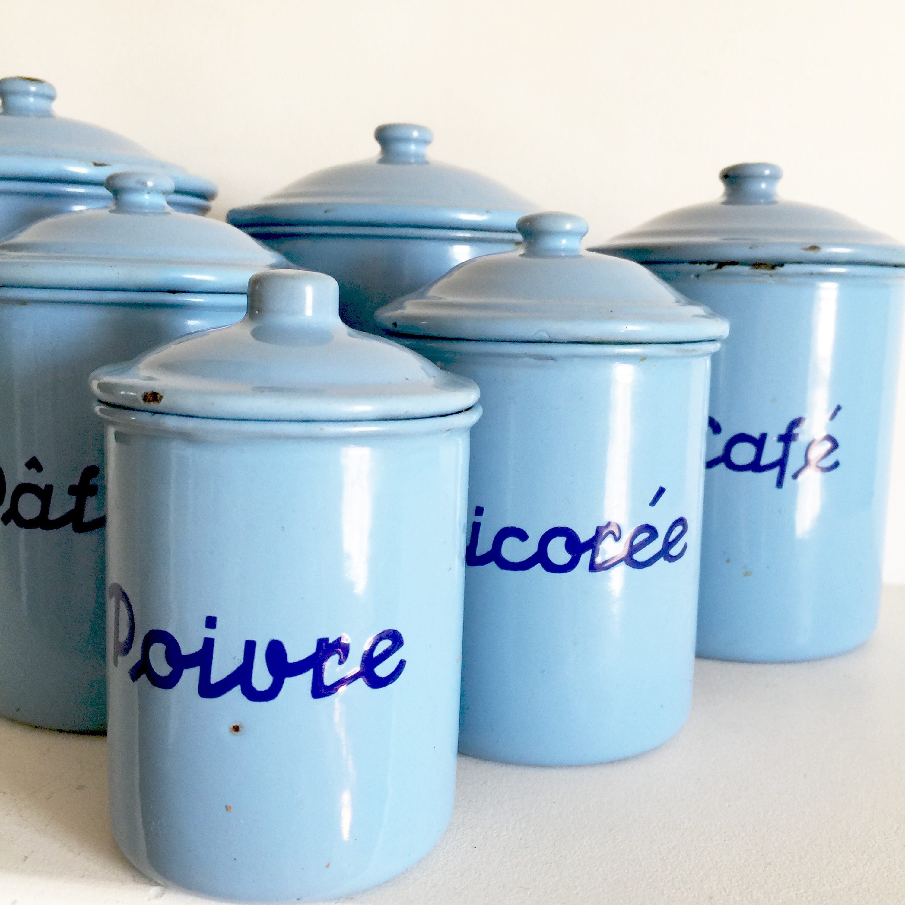 French Vintage Enamel Canisters French Kitchen Canisters French