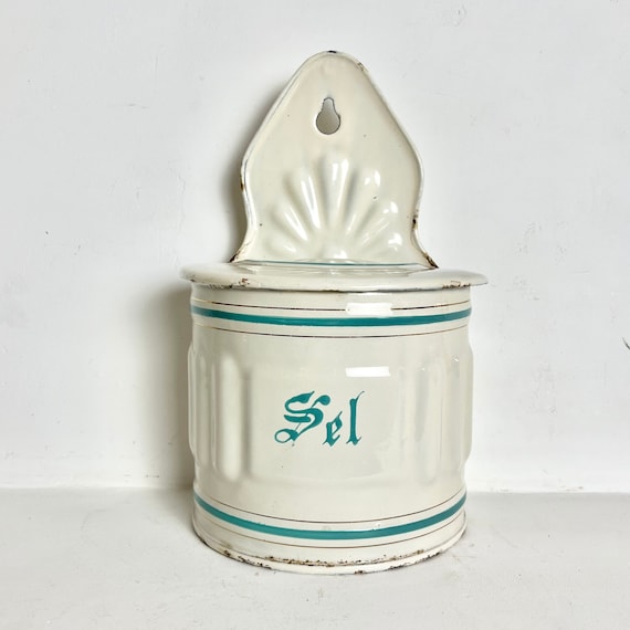 Rare French Antique Enamel Salt Keeper - Salt Box - White and Green Trim Enamel Salt Container - Hanging Kitchen Salt Storage - Kitchen Deco