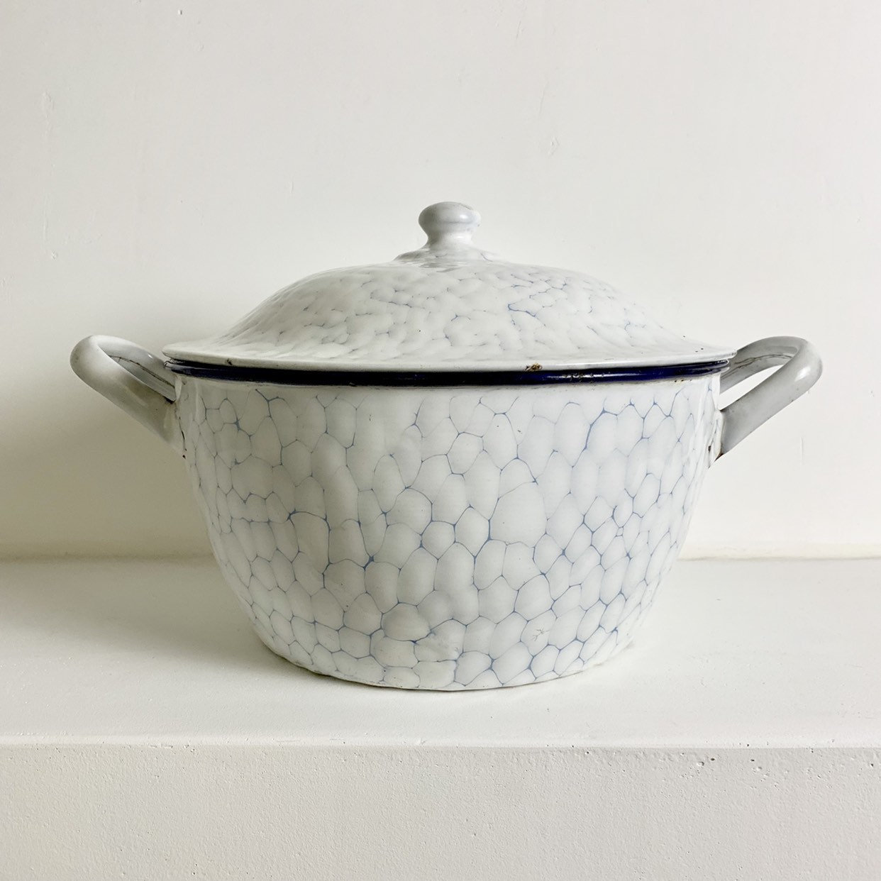 French Antique White Chicken Wire Enamel Tureen White Enamelware