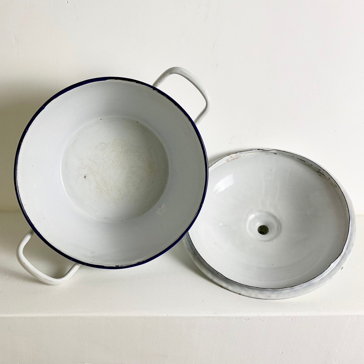 French Antique White Chicken Wire Enamel Tureen White Enamelware