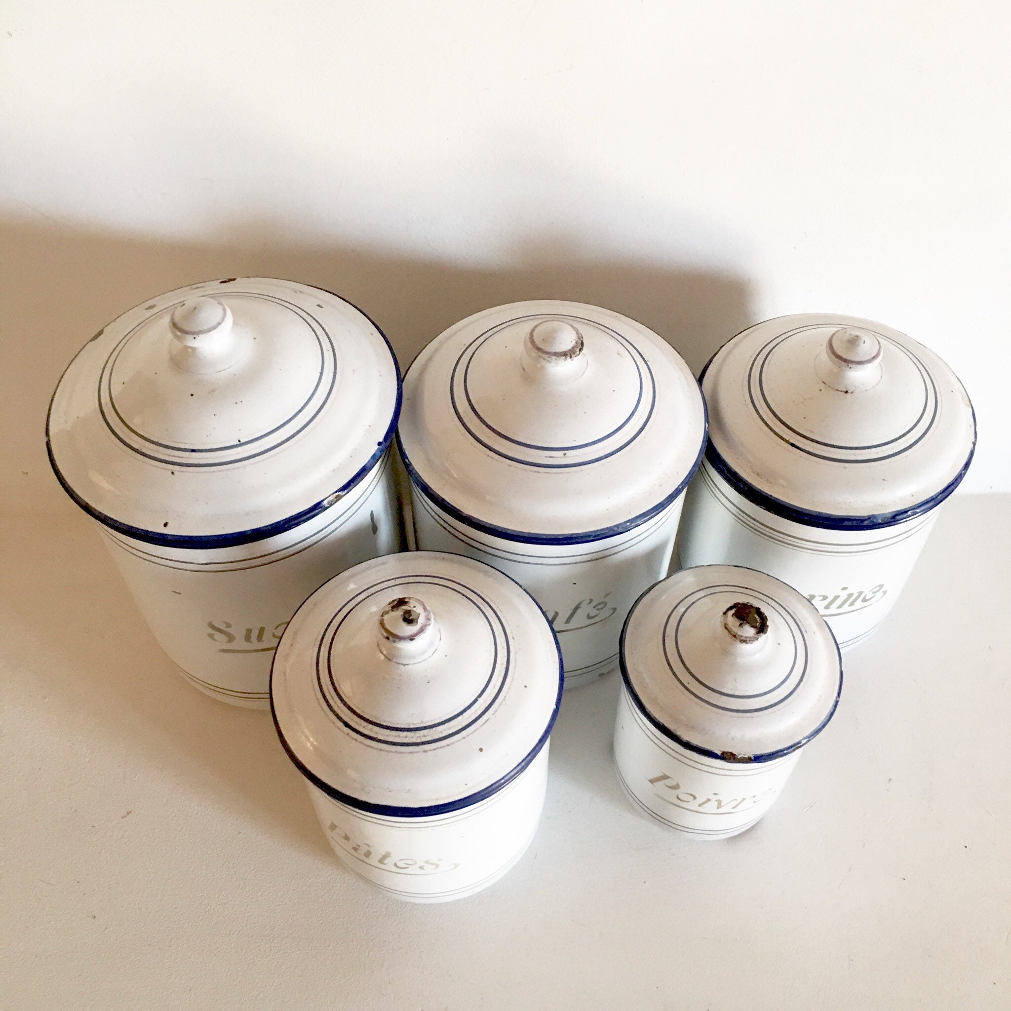 French Enamel Canister Set Set of 5 White Enamel Canisters