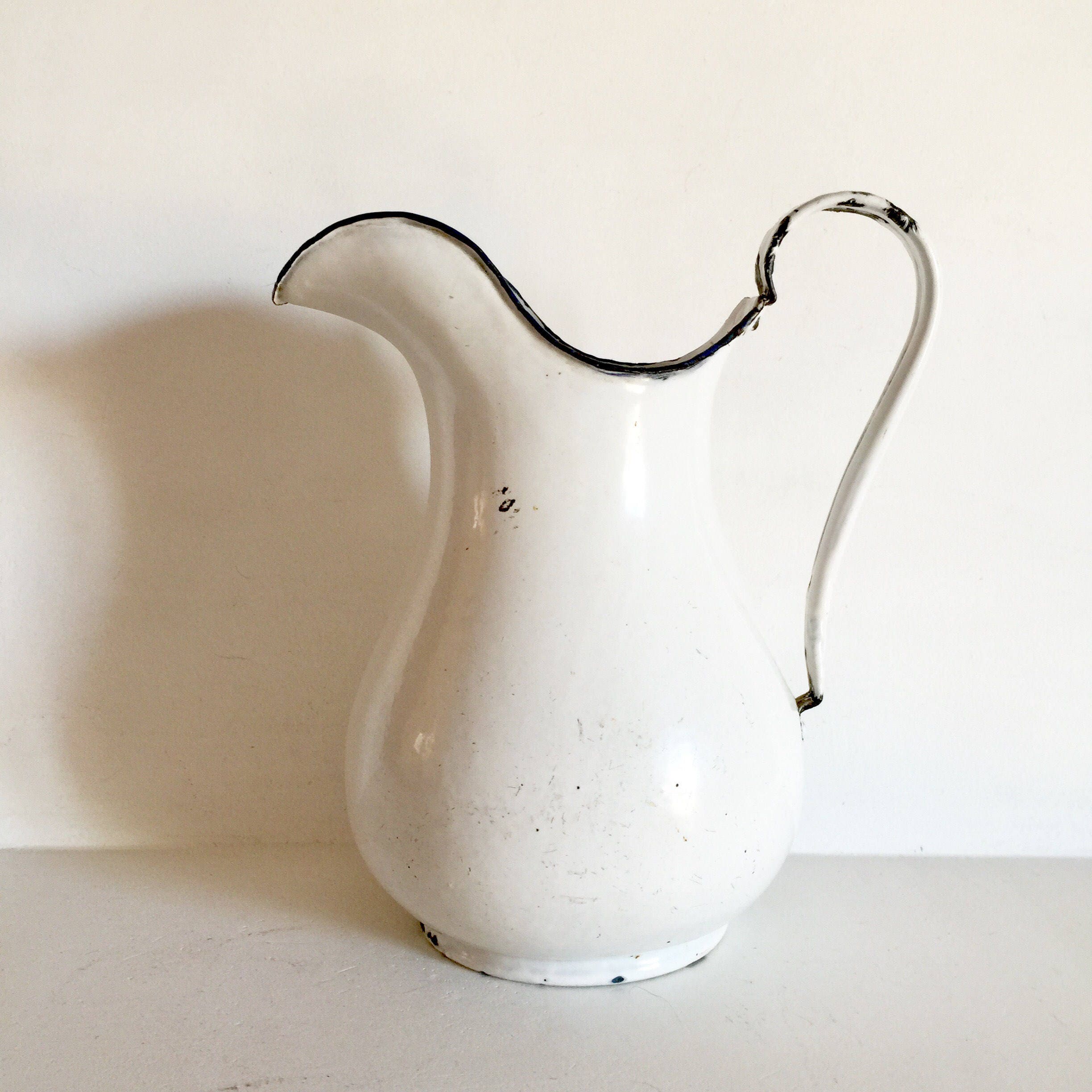 French Vintage White Enamel Pitcher and Bowl French Antique Enamelware Shabby Chic Jug and