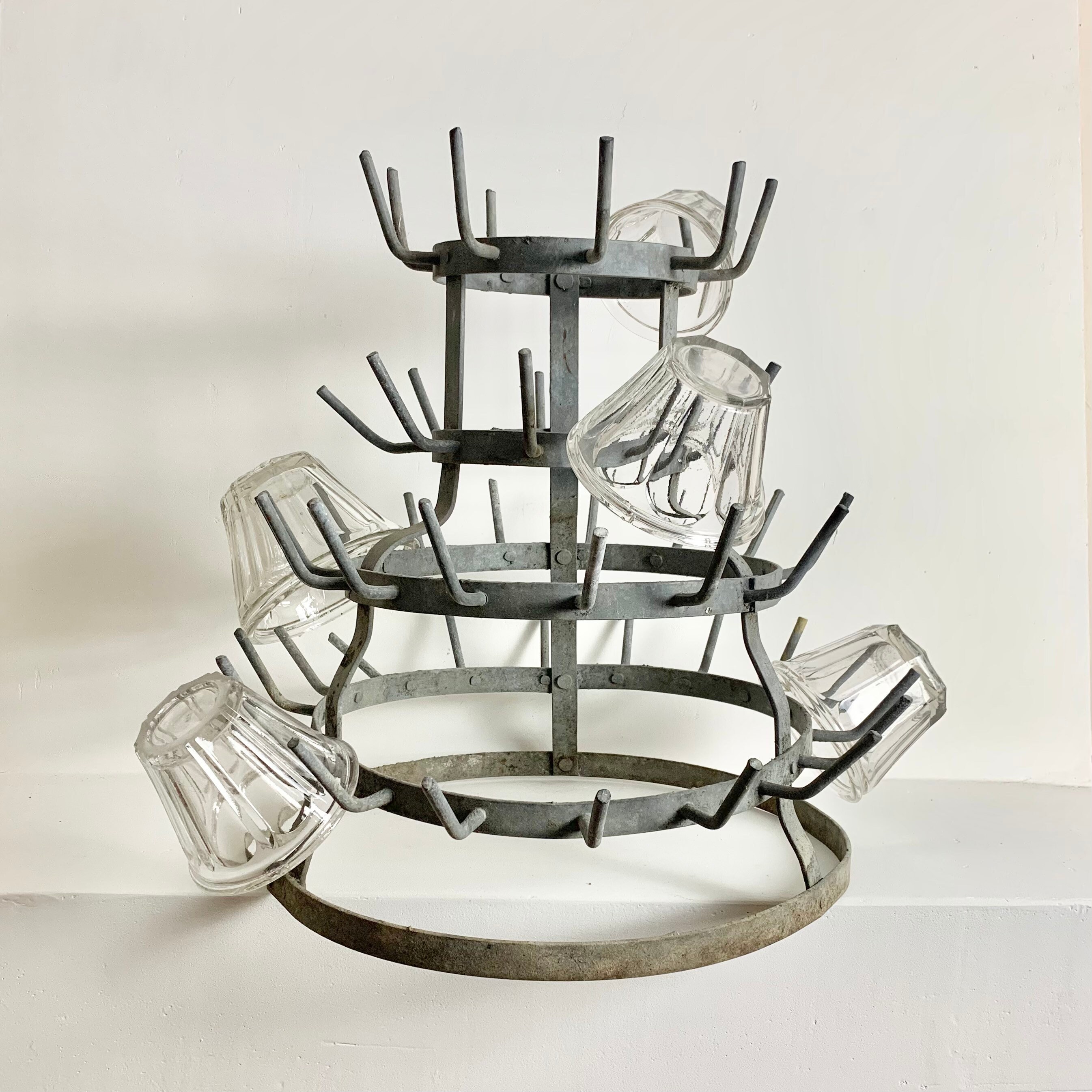 French Antique Zinc Bottle Drying Rack Herrison Cup or Glass Rack