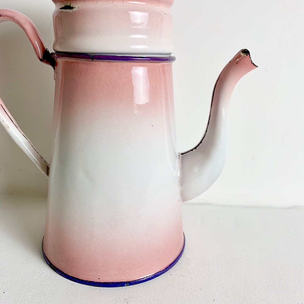 French Vintage Pink Enamelware Coffee Pot Cafetière Decorative Pink