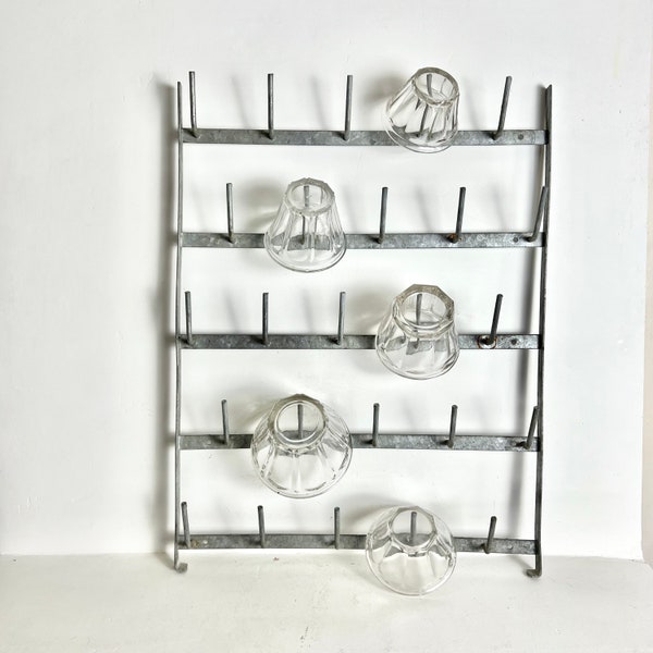 French Antique Zinc Bottle Drying Rack - Rare Flat Wall Mount Bottle Drying Rack - Herrison Cup or Glass Rack