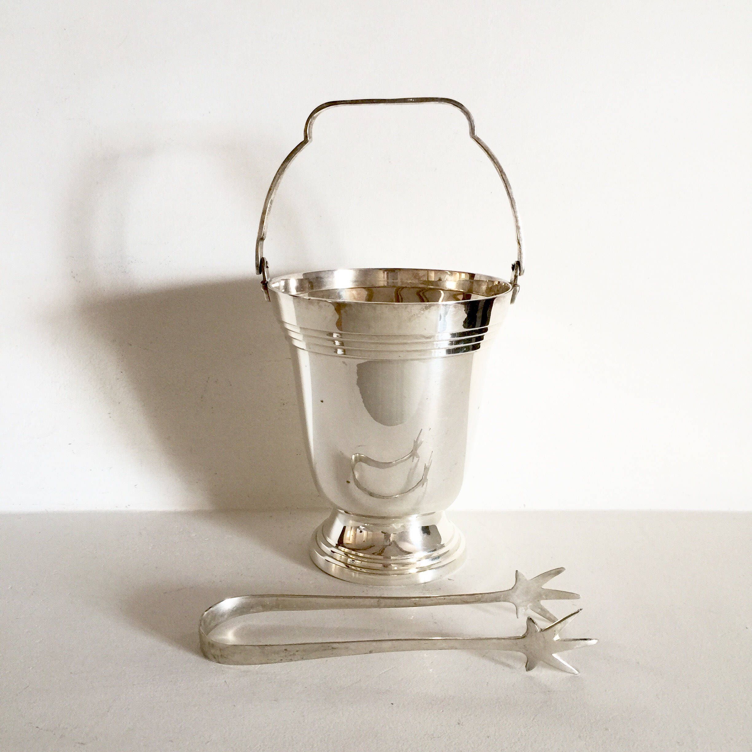 French Vintage Ice Bucket with Ice Tongs Classic Simple Silver Ice
