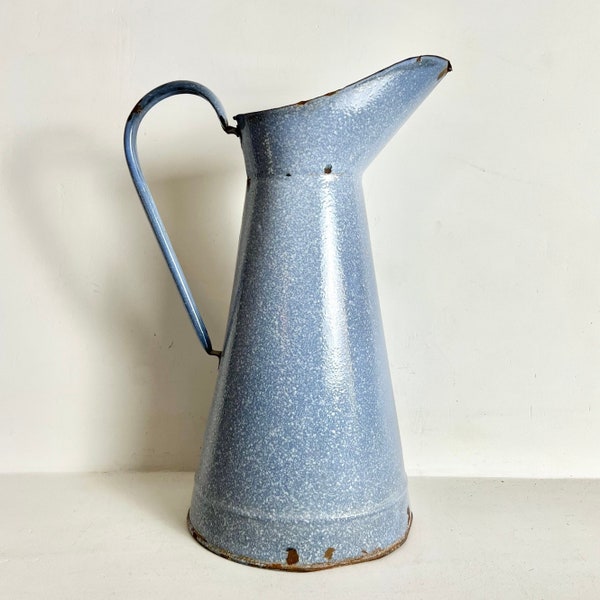 French Vintage Enamelware Pitcher - Enamel Pitcher - French Enamel Jug - Lavender Blue Graniteware Pitcher
