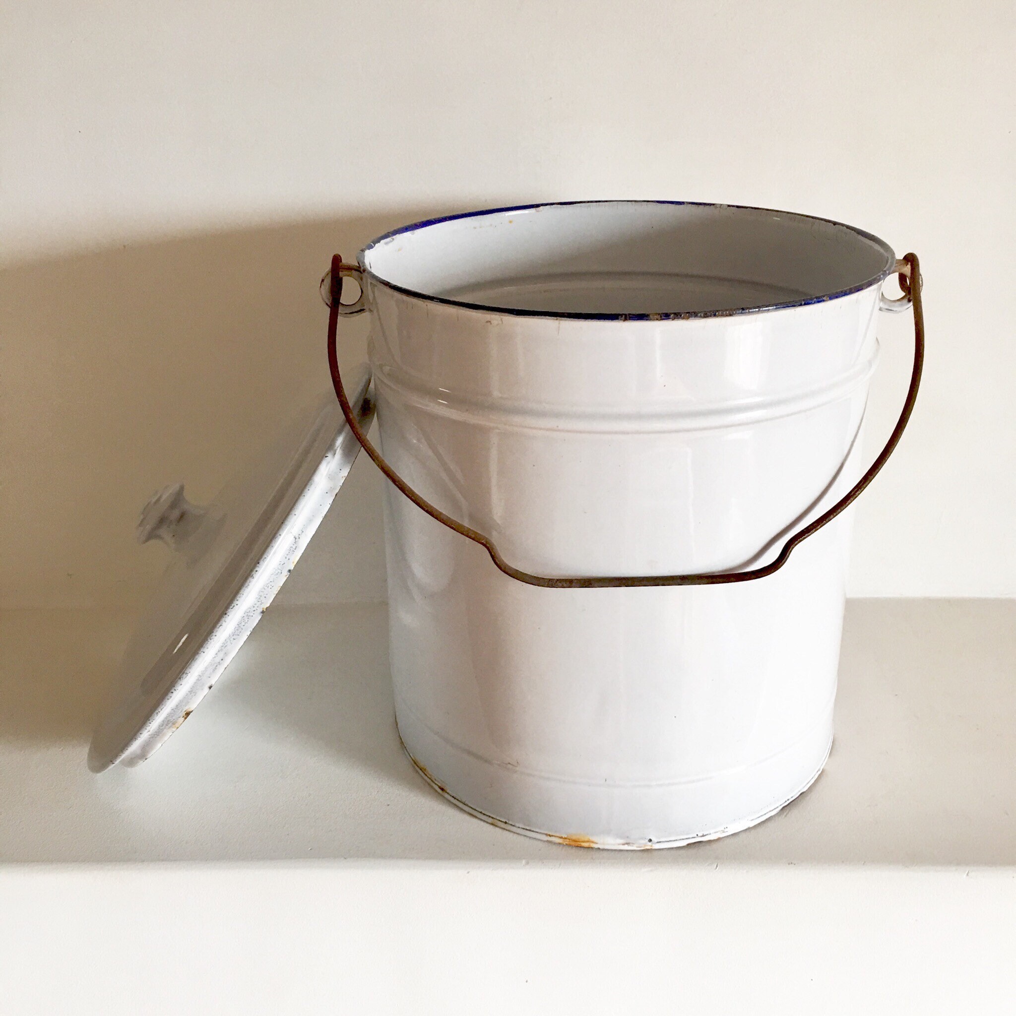 French Vintage Enamel Bucket with Lid White Enamelware Bucket