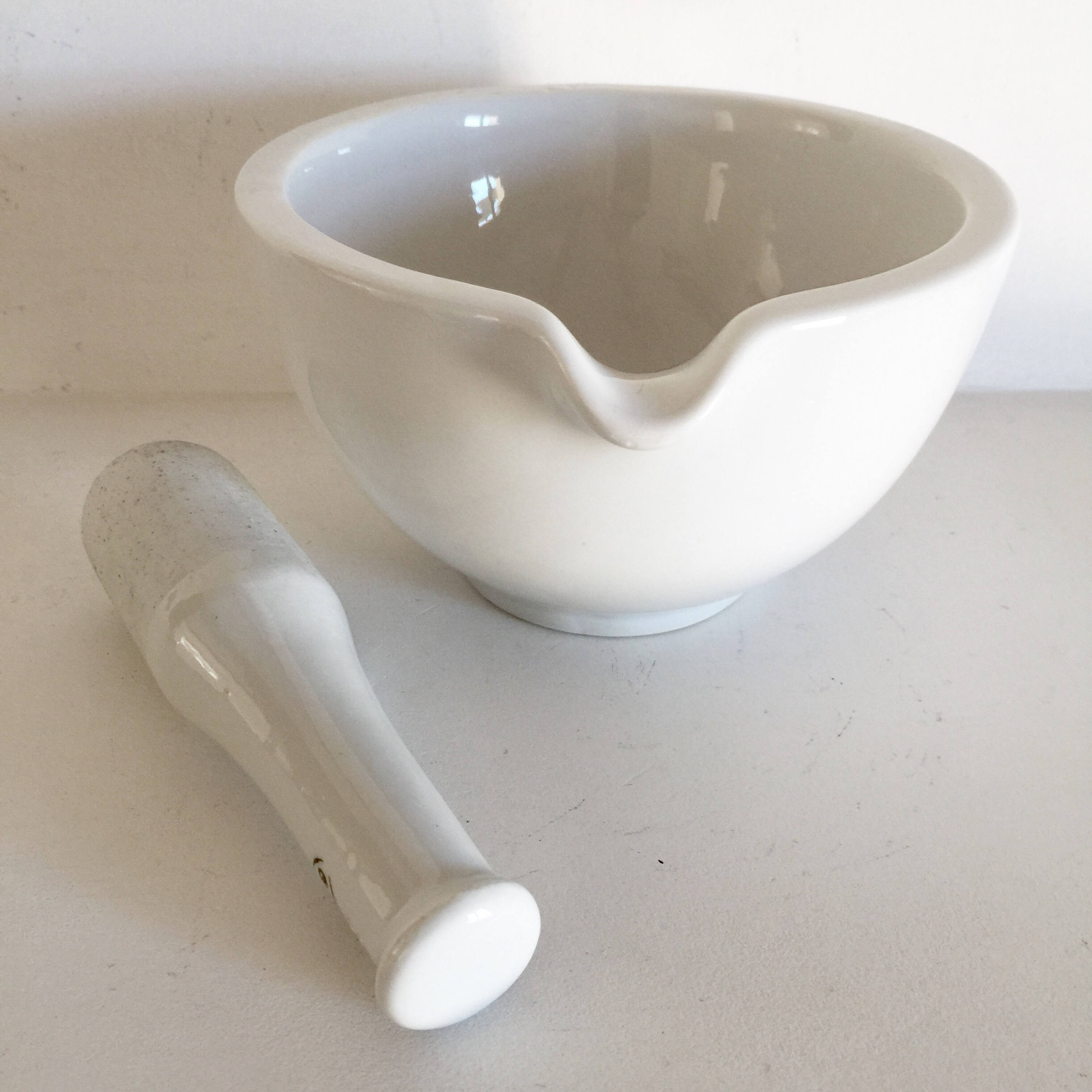 French Antique Porcelain Mortar and Pestle White Ceramic Mortar and
