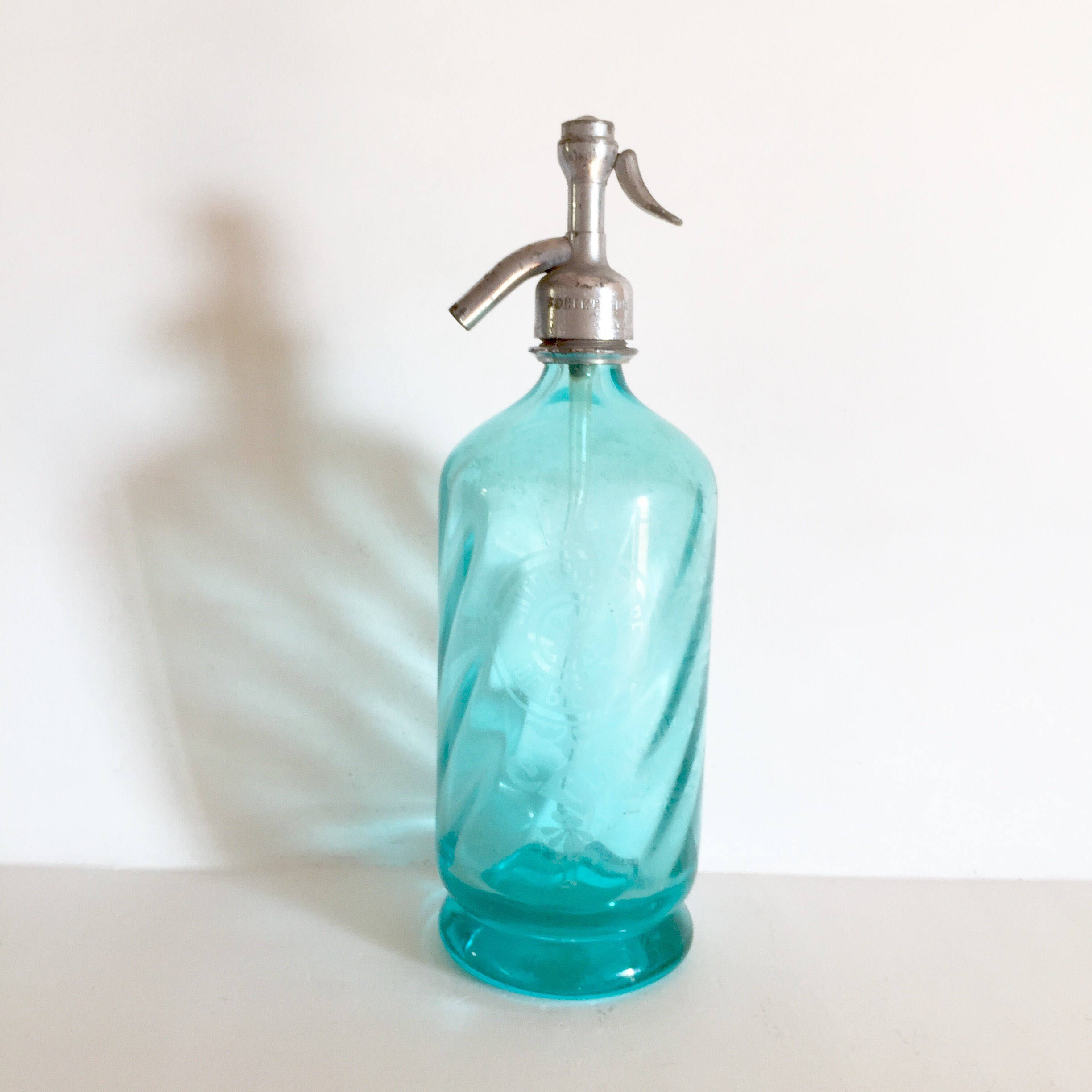 Antique French Seltzer Bottle Soda Siphon Etched Turquoise Glass