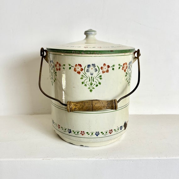 French Vintage Enamel Bucket with Lid - Floral Enamelware Bucket - Enamel Pale with Lid - French Enamelware - Floral Cream Enamel