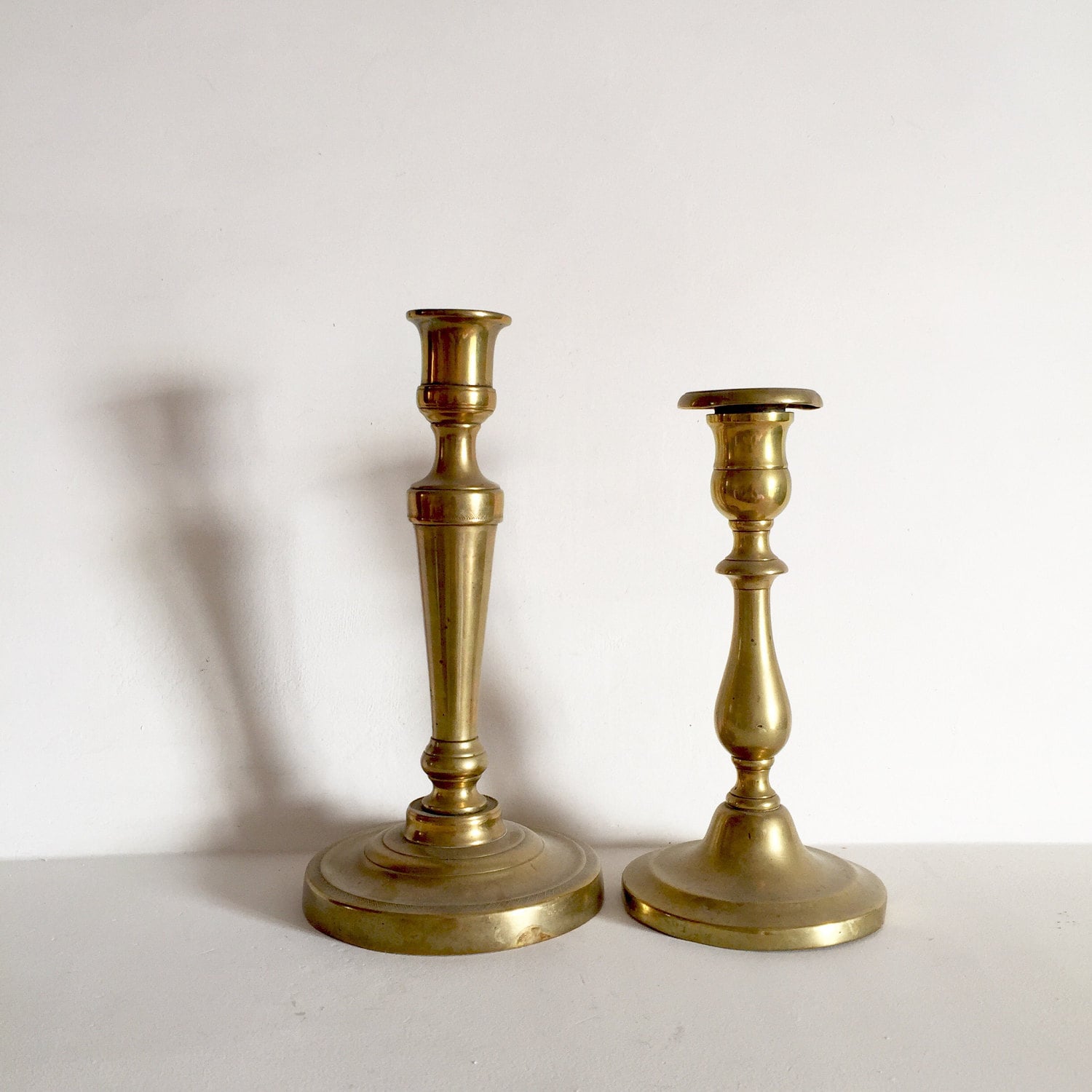 French Antique Brass Candlestick Holders Mismatch Set of 2 Mixed