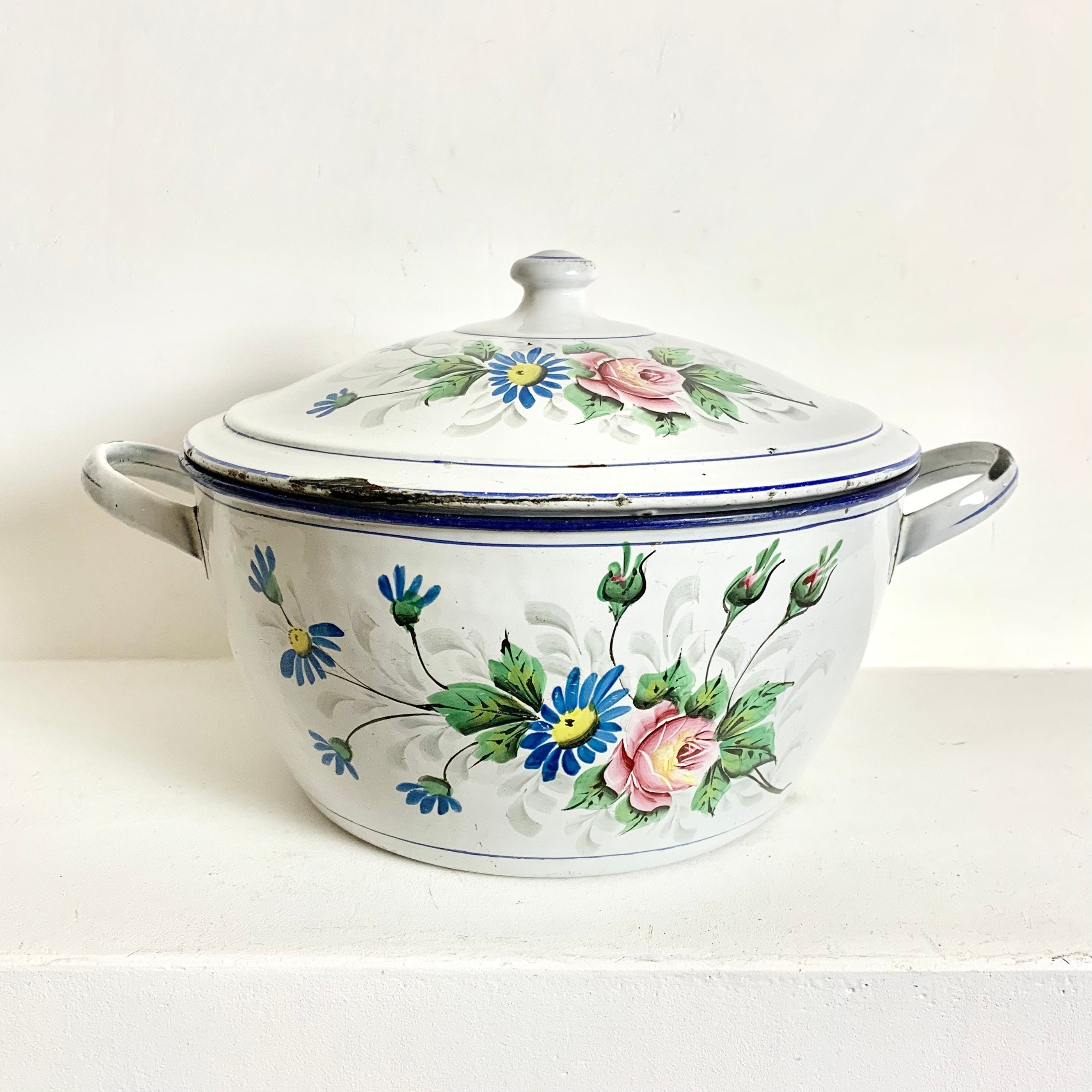 Rare Large French Antique White Floral Enamel Soup Tureen Collectible