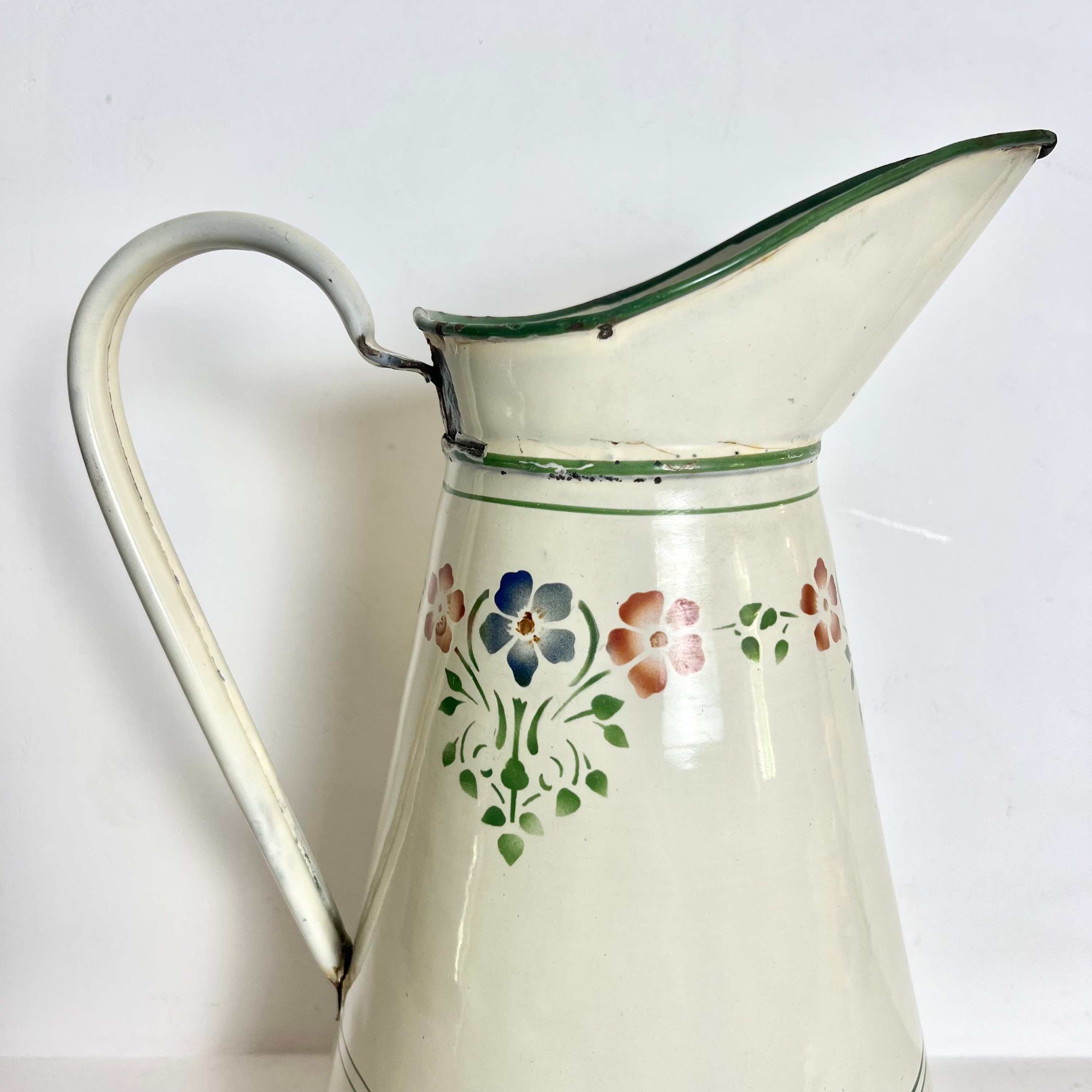 French Antique Enamel Pitcher Art Nouveau Enamel Pitcher Green Vine with Blue and Red