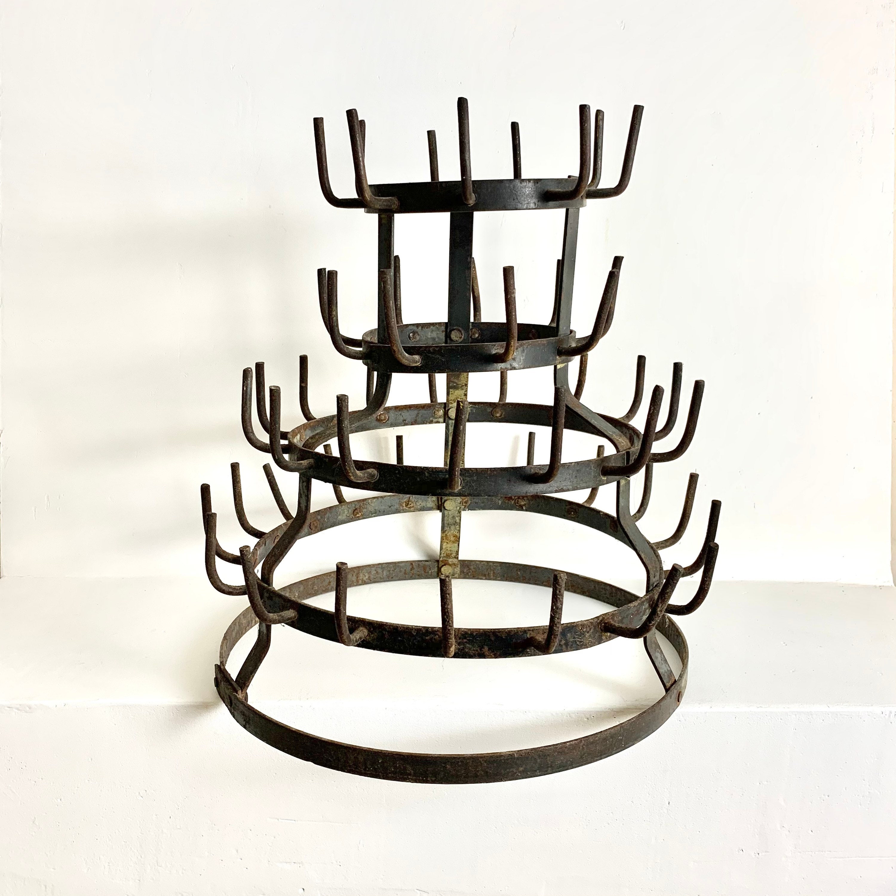French Antique Iron Bottle Drying Rack Herrison Cup or Glass Rack