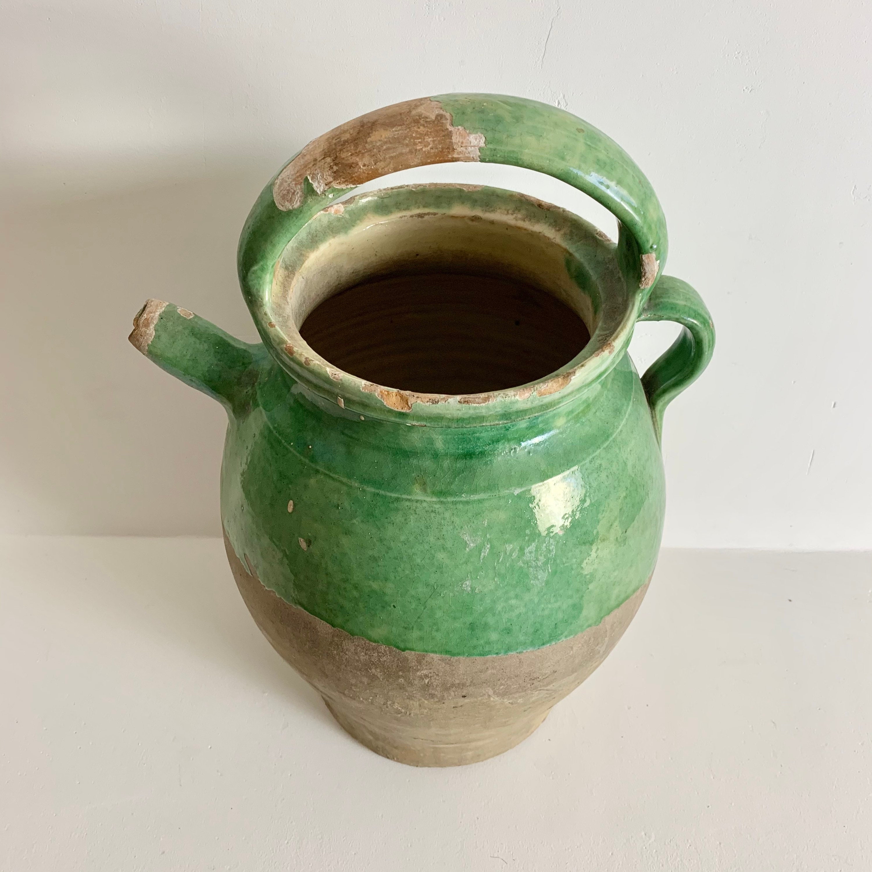 Antique French Stoneware Jug with Green glaze Antique Terracota Water