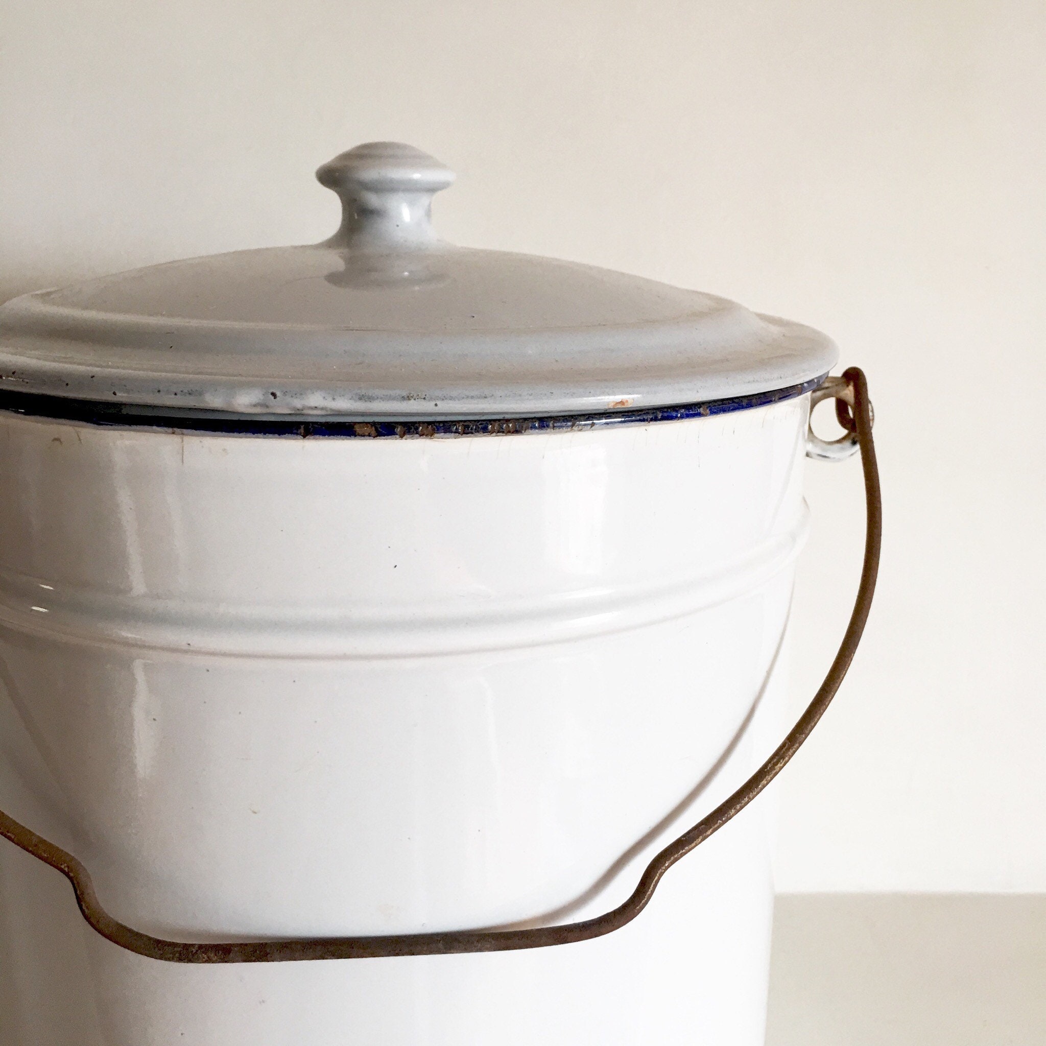 French Vintage Enamel Bucket with Lid White Enamelware Bucket