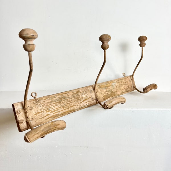 French Vintage Wood Coat and Hat Rack - Distressed Painted Wood Coat Rack - Shabby Chic Coat Rack -3 Hook Rack - Coat and Hat Rack