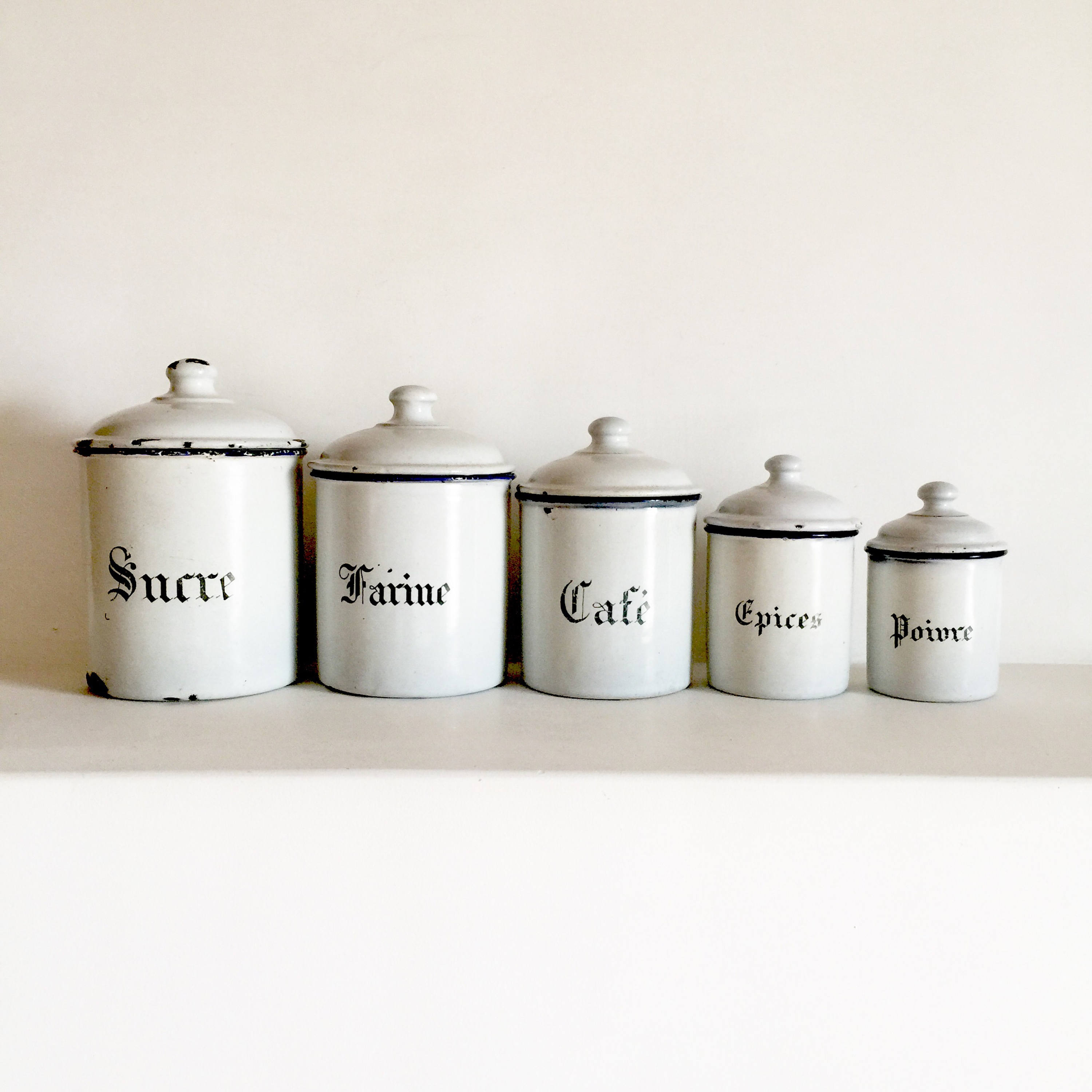 French Enamel Canister Set Set of 5 White Enamel Canisters
