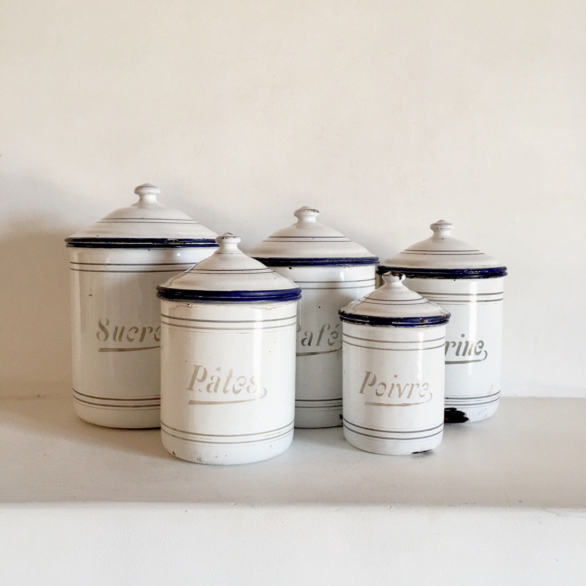 French Enamel Canister Set Set of 5 White Enamel Canisters