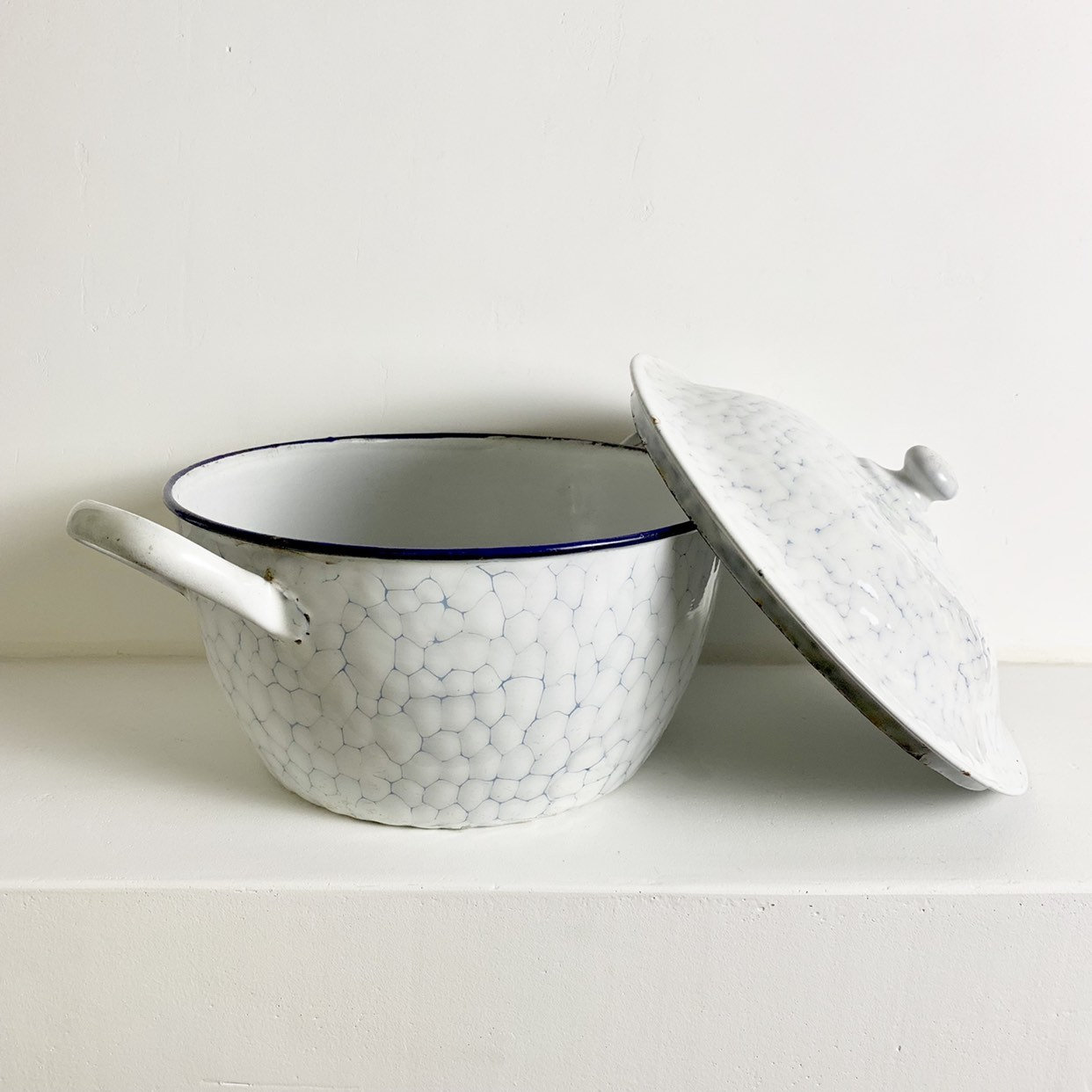 French Antique White Chicken Wire Enamel Tureen White Enamelware