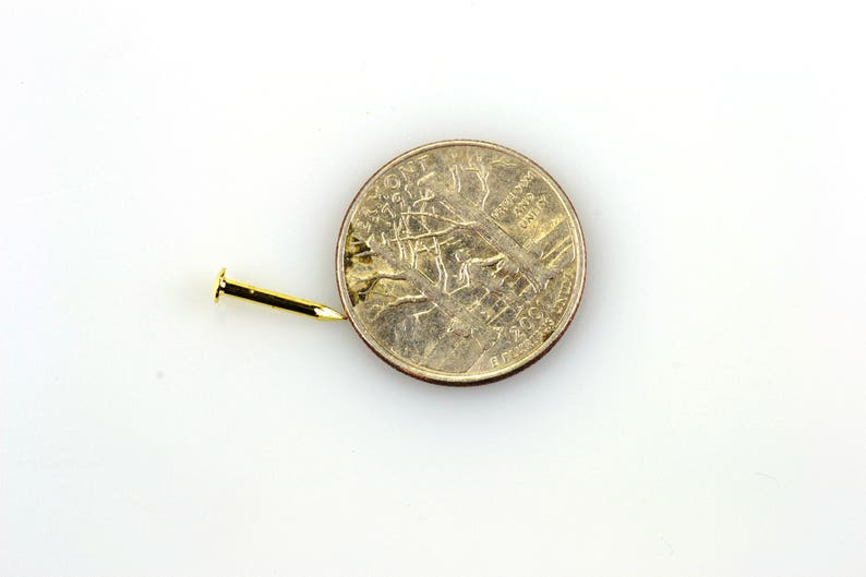 May include: A gold-colored tack or push pin next to a US quarter coin. The coin features the image of a bald eagle with outstretched wings.