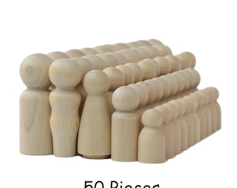 50 Wooden Peg Dolls - 10 Families of 5 - Peg People - Unfinished Hardwood Ready to Paint - Waldorf