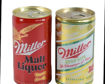 2-Pack Vintage Miller and Miller Malt Liquor Empty Beer Cans Pull Tabs Bottom Opened Aluminum 37-7
