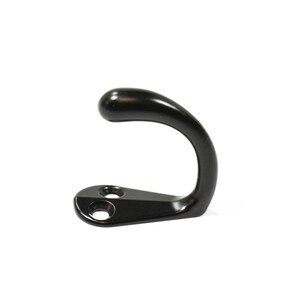 May include: Black metal hook with a rounded top and two screw holes.