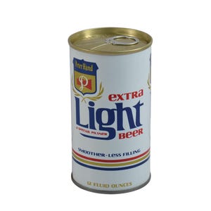 May include: A vintage Peter Hand Extra Light Beer can. The white can features blue and red text, including "Extra Light Beer" and "Smoother-Less Filling." The can holds 12 fluid ounces and has a gold-colored top.