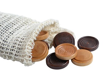 Stackable Wooden Checkers with Plant-Based Sisal Storage Bag- Walnut & Maple Color Set of 26 (1.25" diameter)