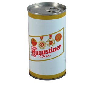 May include: A vintage Augustiner Beer can. The can is white with gold trim and features the Augustiner logo and several red and gold medallions. The can has a silver pull-tab top.